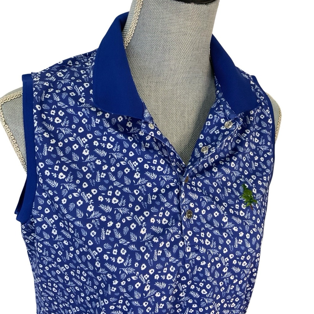 RLX Ralph Lauren‎ Womens Large Blue Floral Sleeveless Golf Polo Shirt Tree Logo